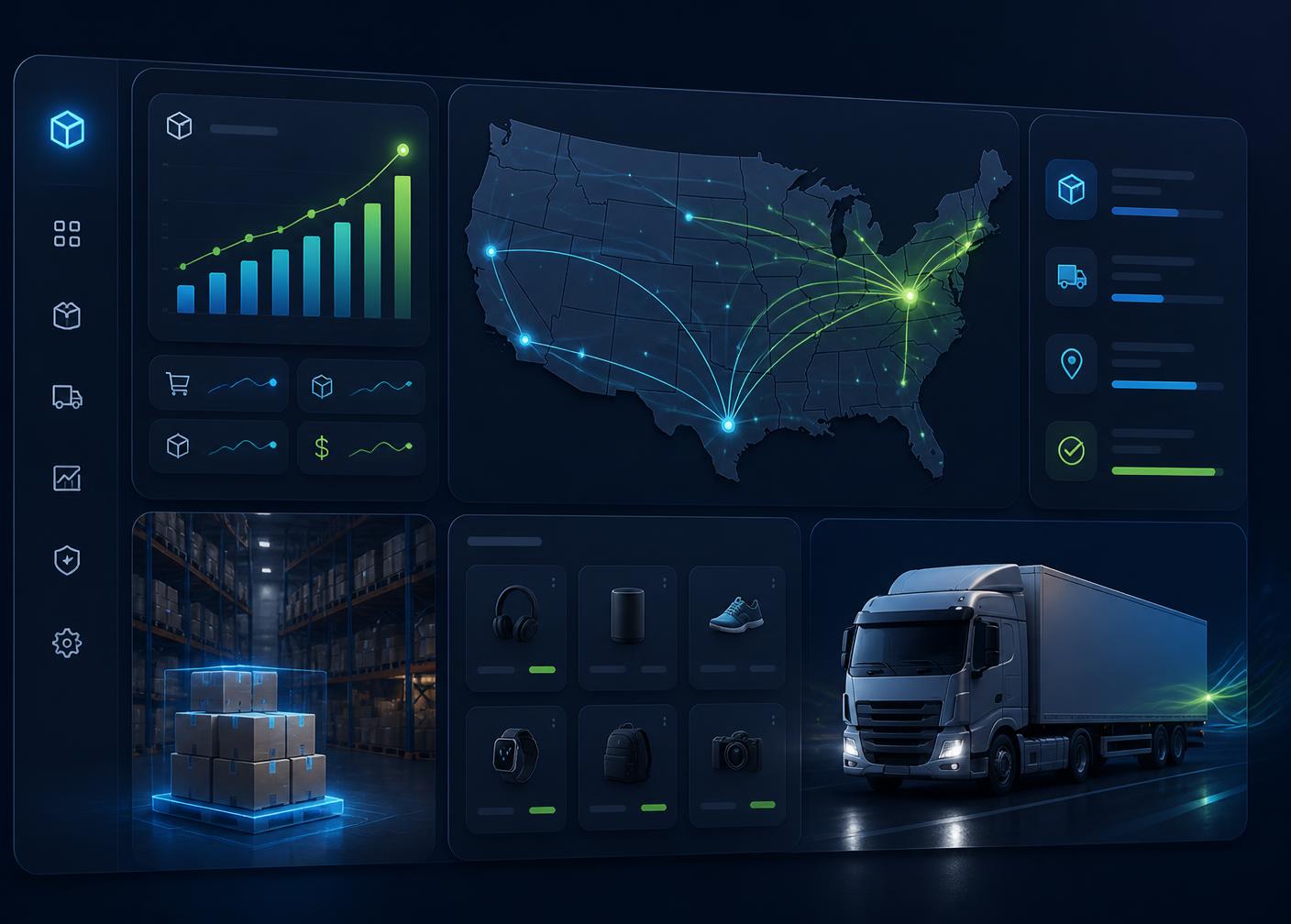 Sukh Ghor BD warehouse dashboard showing US shipping routes, live order analytics, and same-day fulfillment